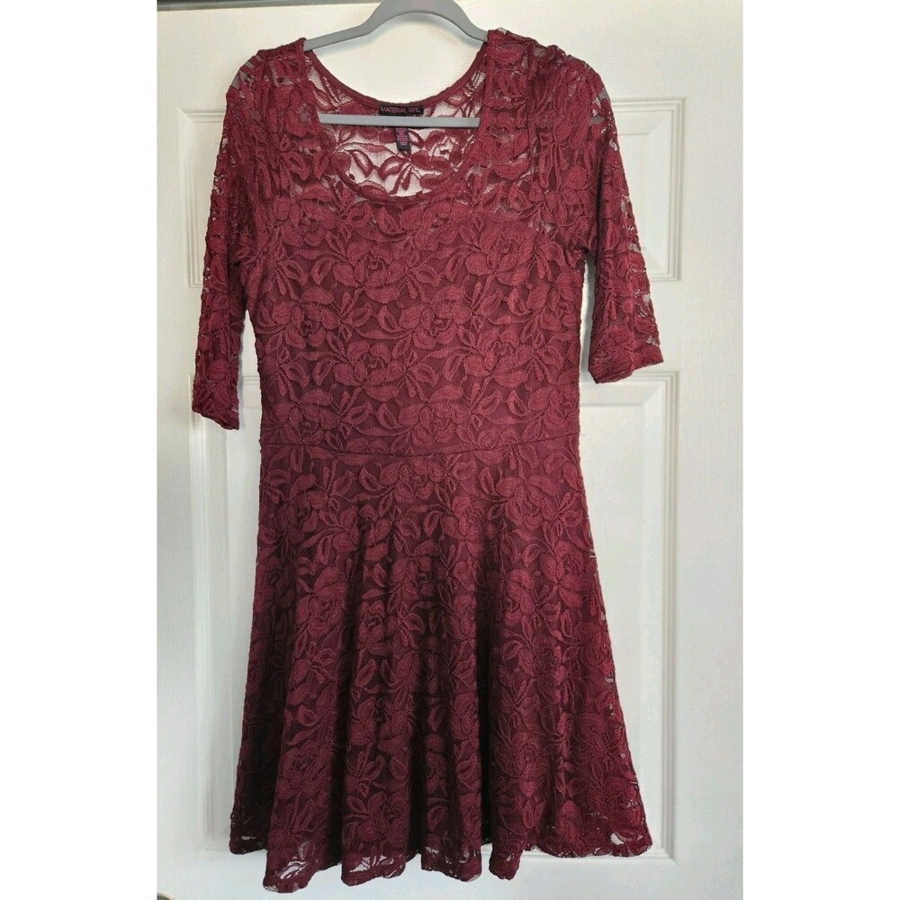 Material Girl Lace Fit & Flare Dress XL Burgundy 3/4 Sleeve Cocktail Party